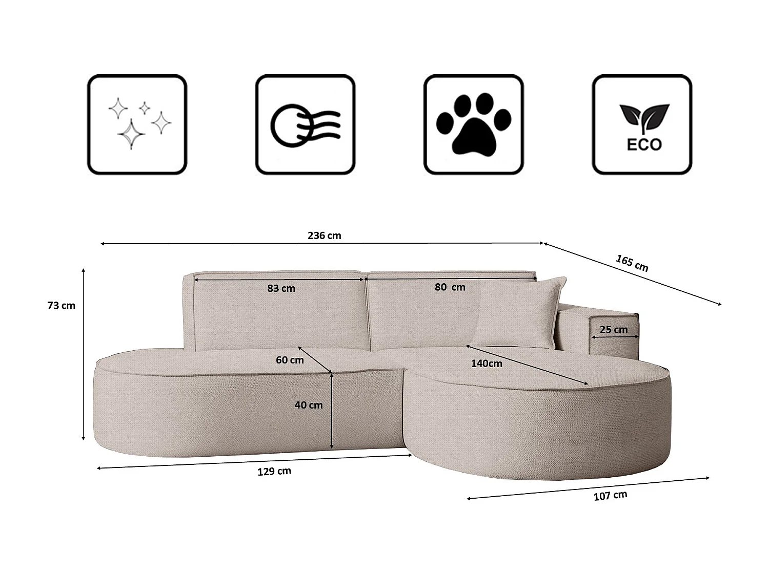 Canapé d'angle Modena Studio tissu Artico, Nata droite