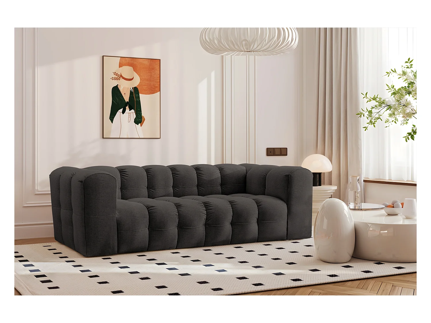 Sofa 3-Sitzer, Komfort Couch BALOO, stoff Schenille, Schwarz