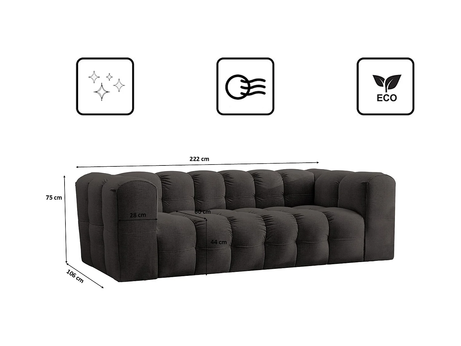 Sofa 3-Sitzer, Komfort Couch BALOO, stoff Schenille, Schwarz