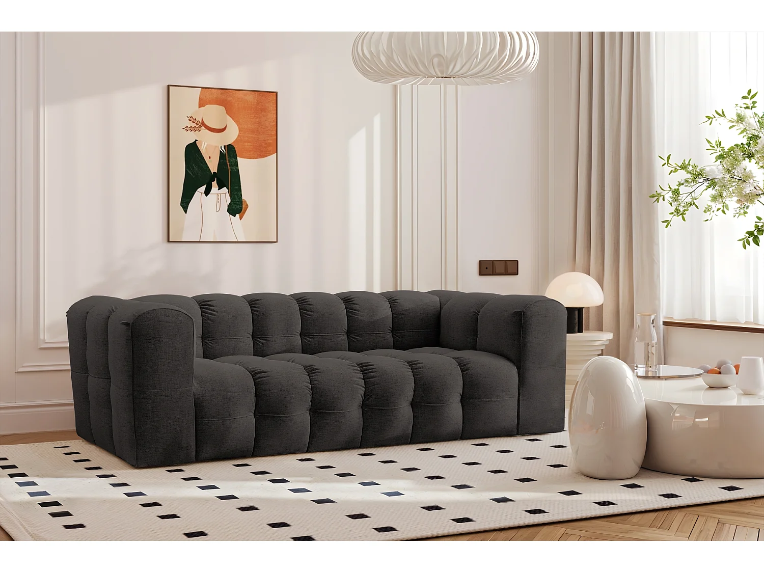 Sofa 3-Sitzer, Komfort Couch BALOO, stoff Schenille, Schwarz
