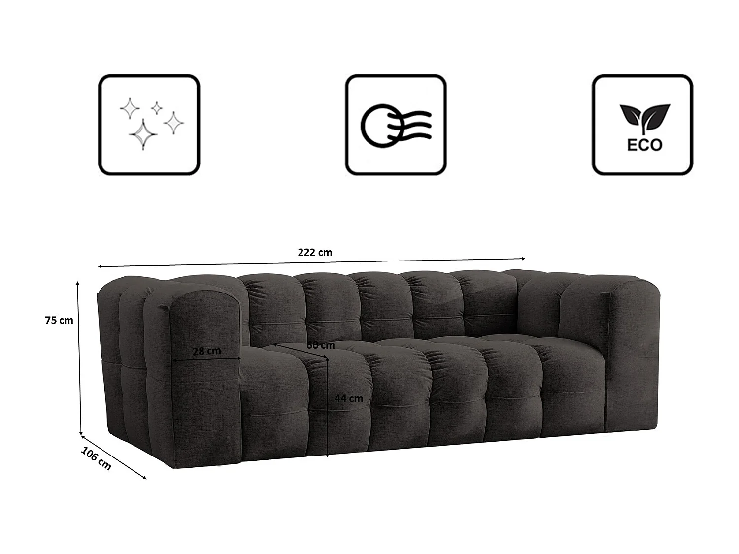 Sofa 3-Sitzer, Komfort Couch BALOO, stoff Schenille, Schwarz
