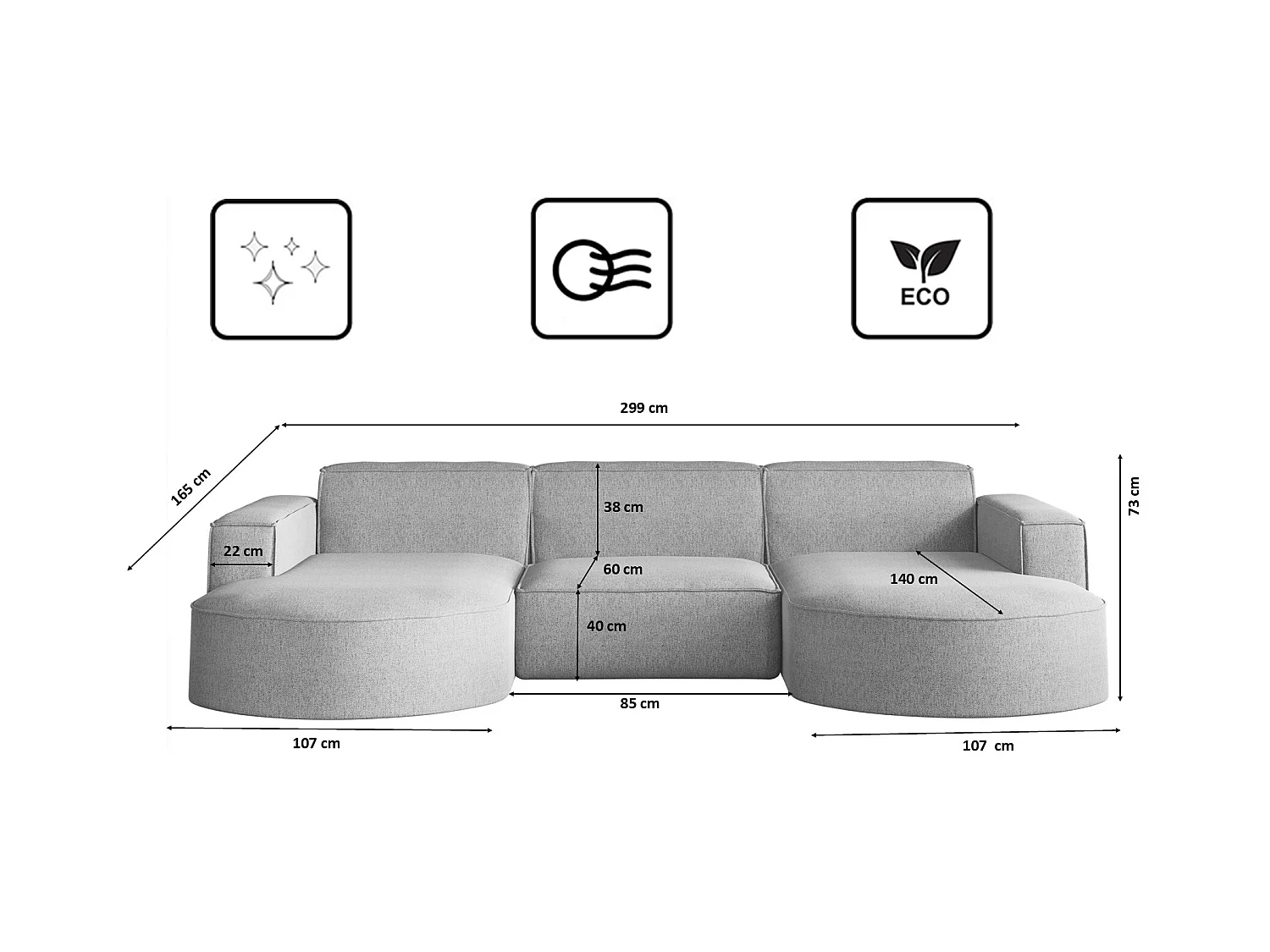 Canapé d'angle, forme U Modena, tissu Verita, gris