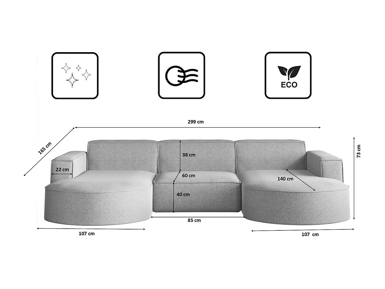 Ecksofa, Modena U-Form, Stoff Verita, Grau