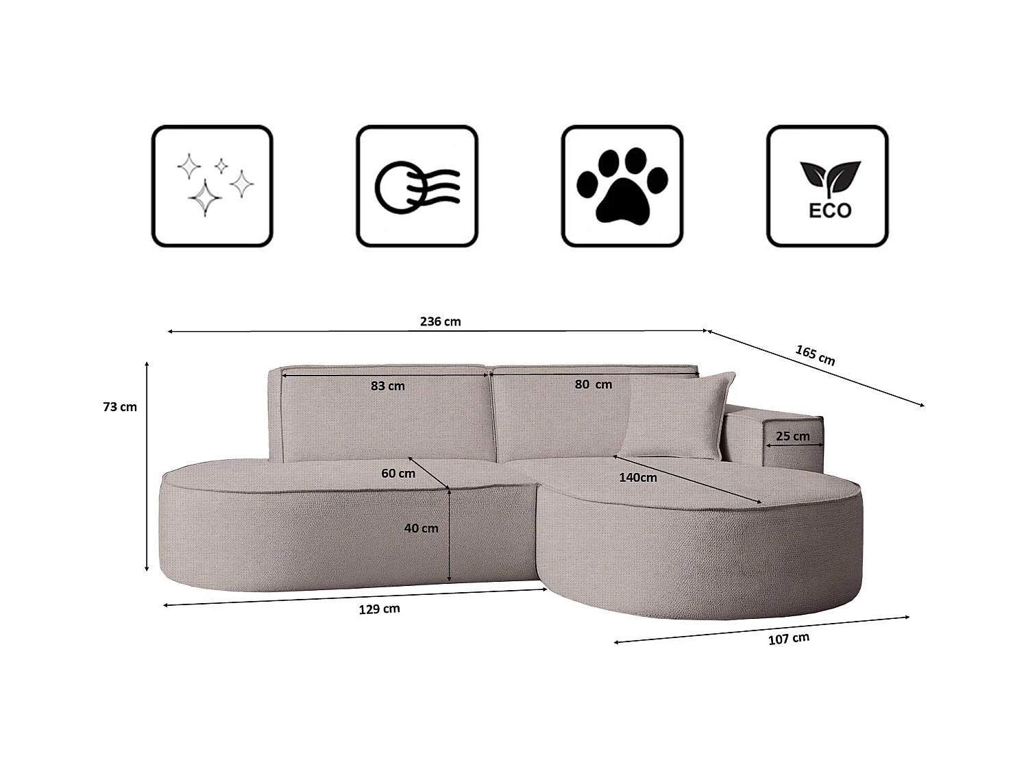 Canapé d'angle Modena Studio tissu Artico, beige droite