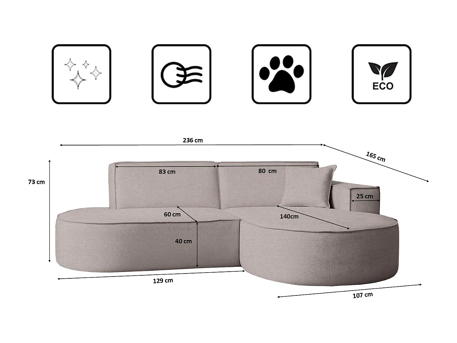 Ecksofa Modena Studio Stoff Artico, Beige Rechts
