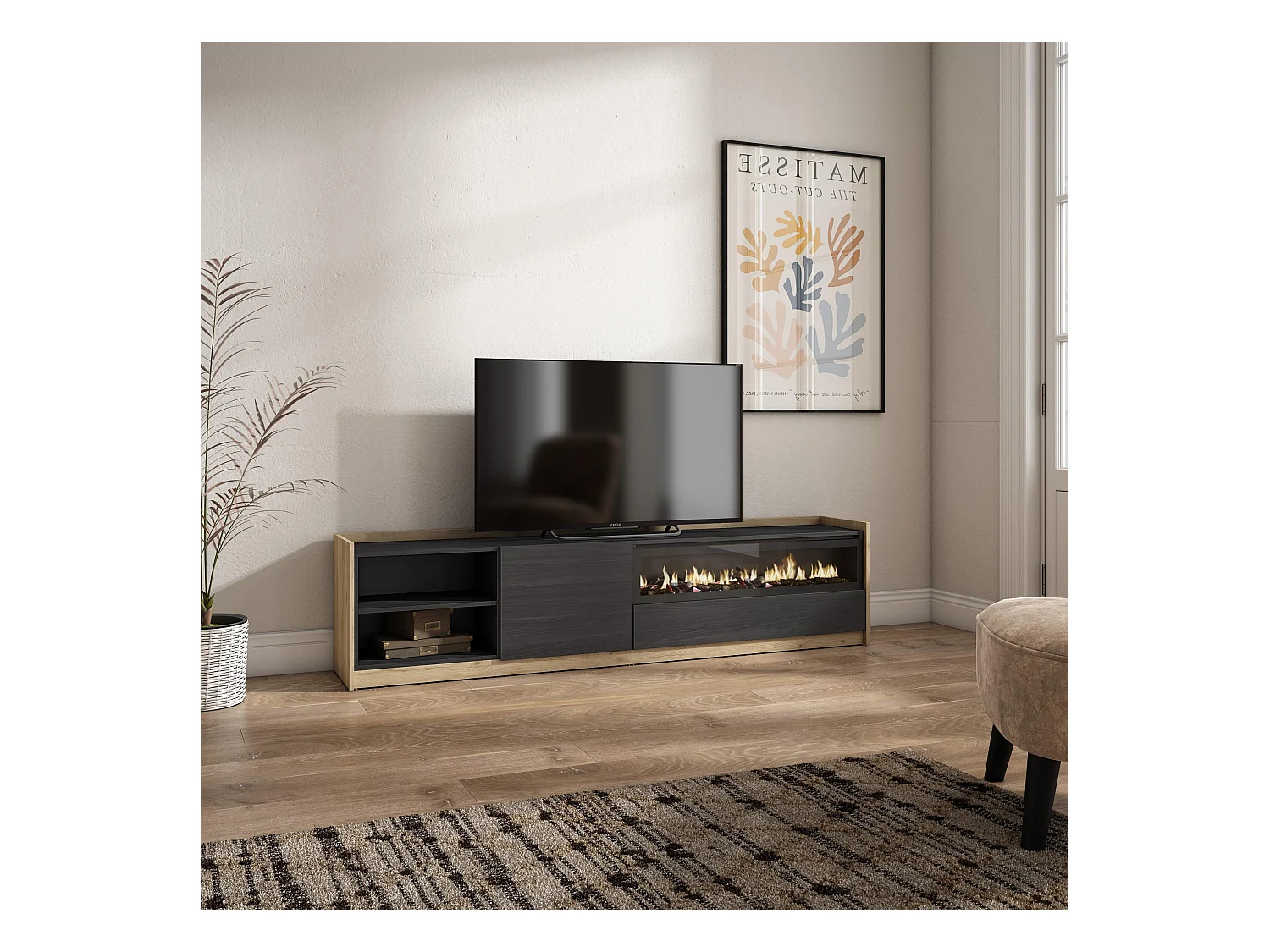 Meuble TV | Banc Télé, 207x50x37 cm, Pour les TV jusqu'à 80", Cheminée électrique, Noir et chêne