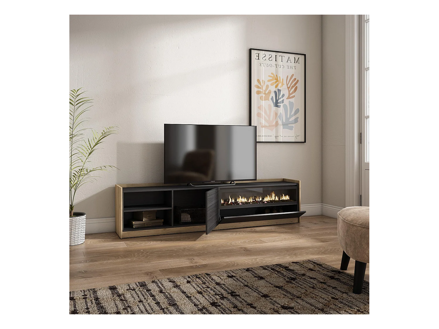 Meuble TV | Banc Télé, 207x50x37 cm, Pour les TV jusqu'à 80", Cheminée électrique, Noir et chêne