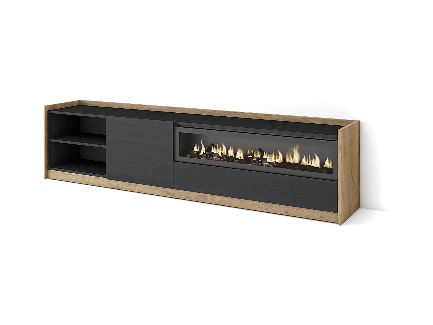 Meuble TV | Banc Télé, 207x50x37 cm, Pour les TV jusqu'à 80", Cheminée électrique, Noir et chêne