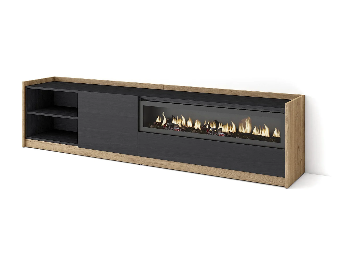 Meuble TV | Banc Télé, 207x50x37 cm, Pour les TV jusqu'à 80", Cheminée électrique, Noir et chêne