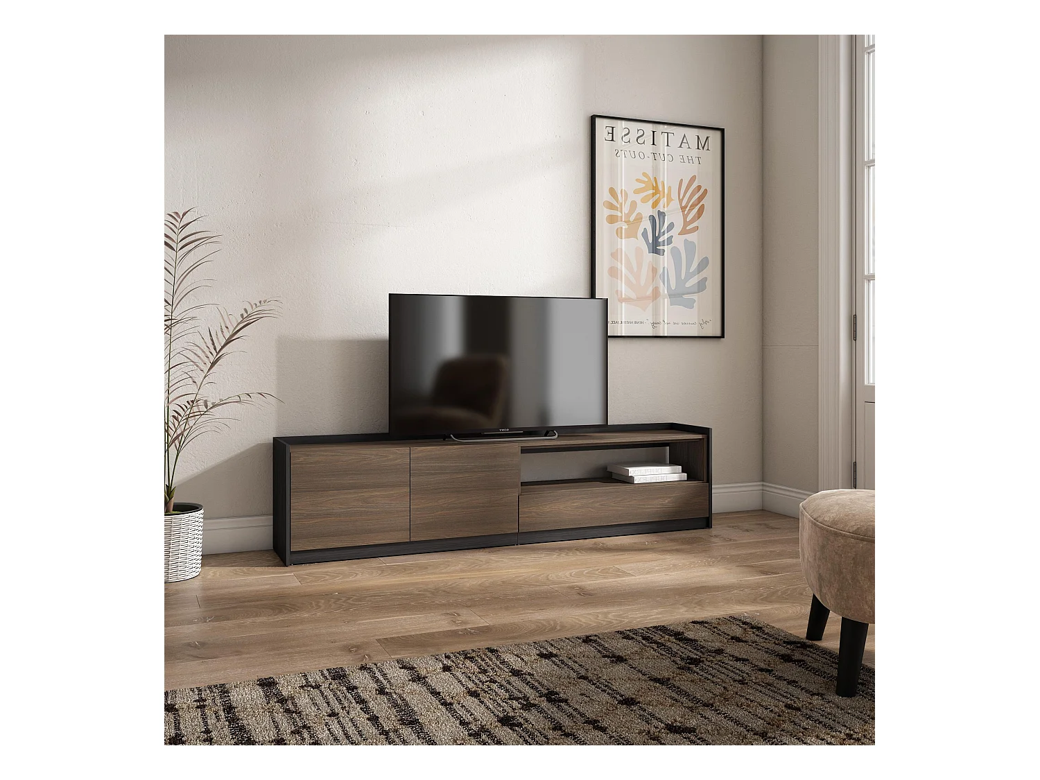 Meuble TV | Banc Télé, 207x50x37 cm, Pour les TV jusqu'à 80", Meubles de salon, Chêne foncé et Noir