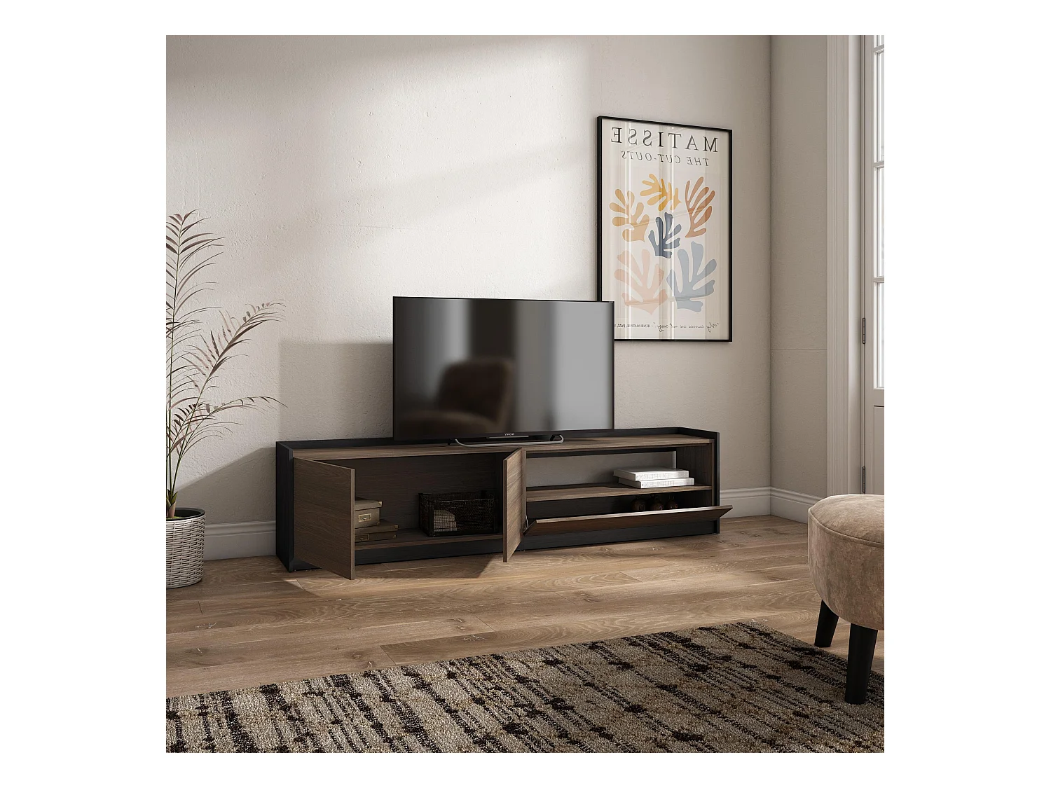 Meuble TV | Banc Télé, 207x50x37 cm, Pour les TV jusqu'à 80", Meubles de salon, Chêne foncé et Noir