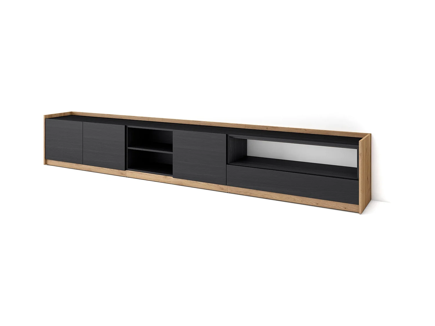 Meuble TV | Banc Télé, 310x50x37 cm, Pour les TV jusqu'à 80", Meubles de salon, Noir et chêne