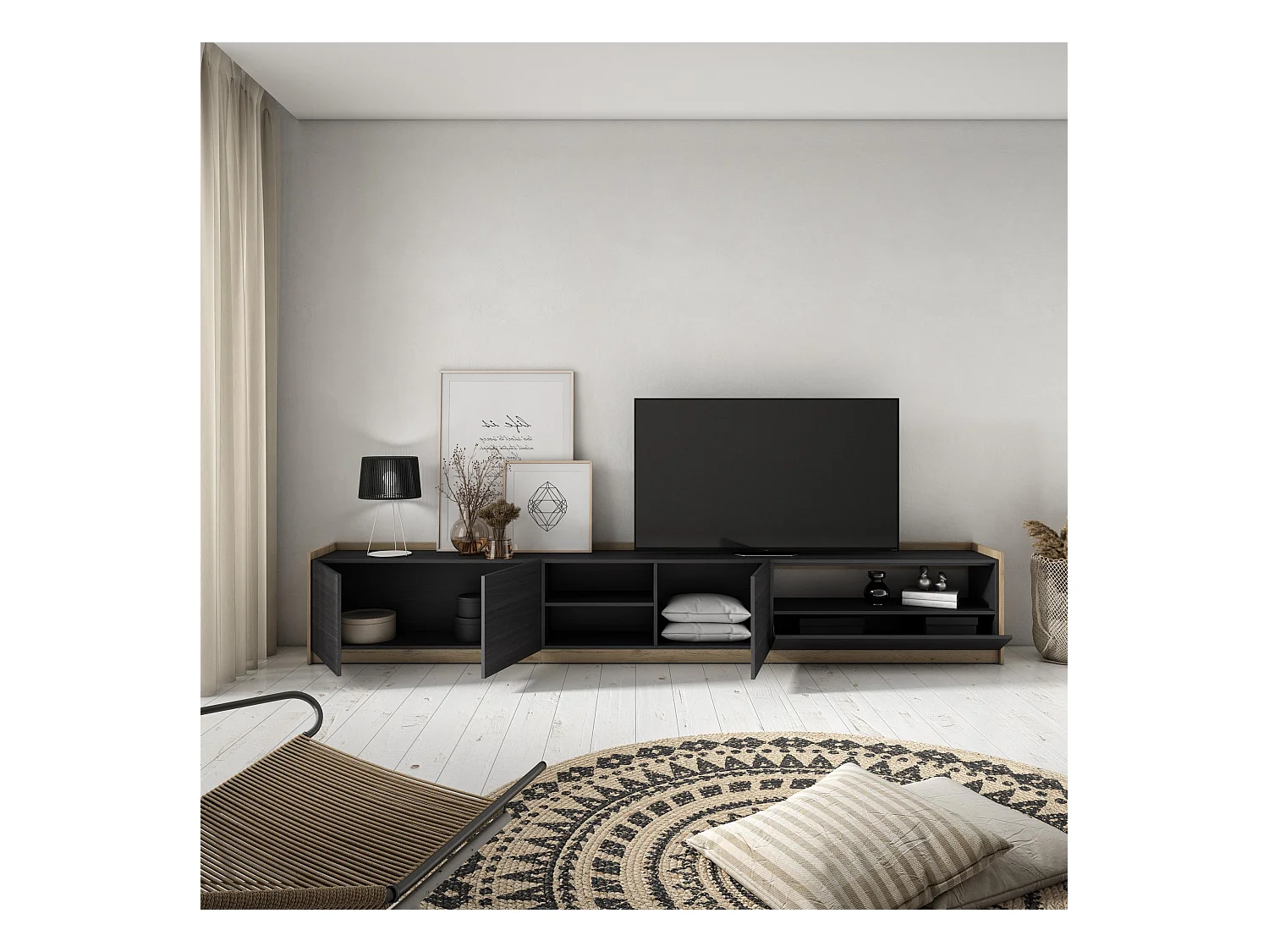 Meuble TV | Banc Télé, 310x50x37 cm, Pour les TV jusqu'à 80", Meubles de salon, Noir et chêne