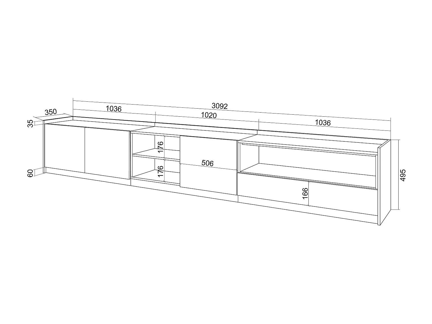 Meuble TV | Banc Télé, 310x50x37 cm, Pour les TV jusqu'à 80", Meubles de salon, Noir et chêne