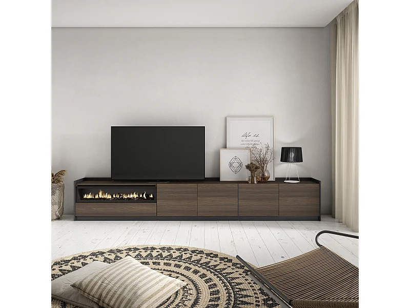 Meuble TV | Banc Télé, 310x50x37 cm, Pour les TV jusqu'à 80", Cheminée électrique, Chêne foncé et Noir