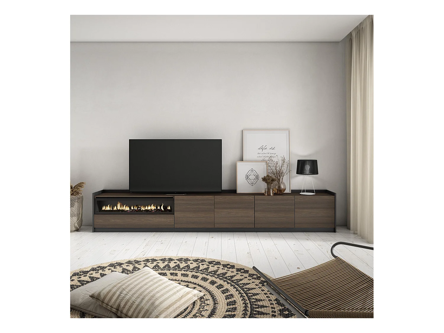 Meuble TV | Banc Télé, 310x50x37 cm, Pour les TV jusqu'à 80", Cheminée électrique, Chêne foncé et Noir