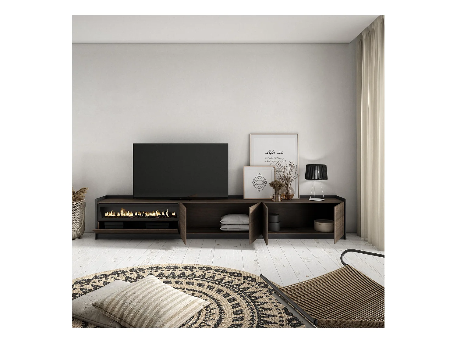 Meuble TV | Banc Télé, 310x50x37 cm, Pour les TV jusqu'à 80", Cheminée électrique, Chêne foncé et Noir