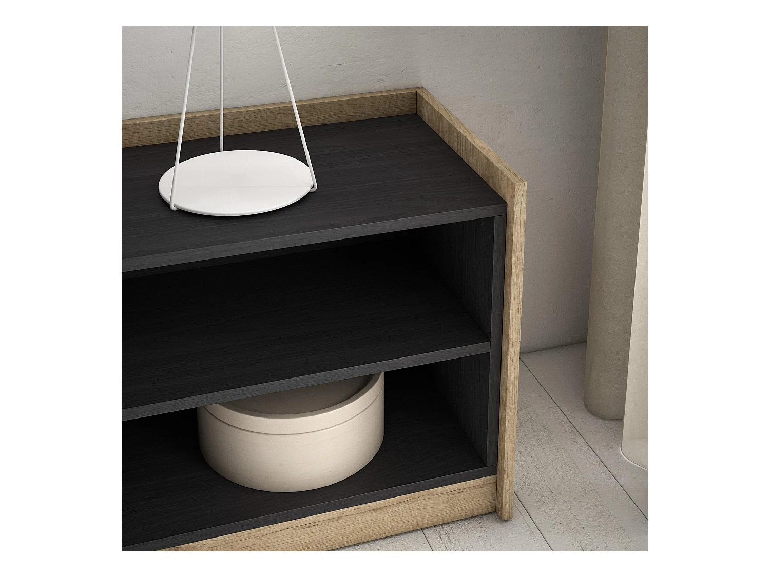 Meuble TV | Banc Télé, 310x50x37 cm, Pour les TV jusqu'à 80", Cheminée électrique, Noir et chêne