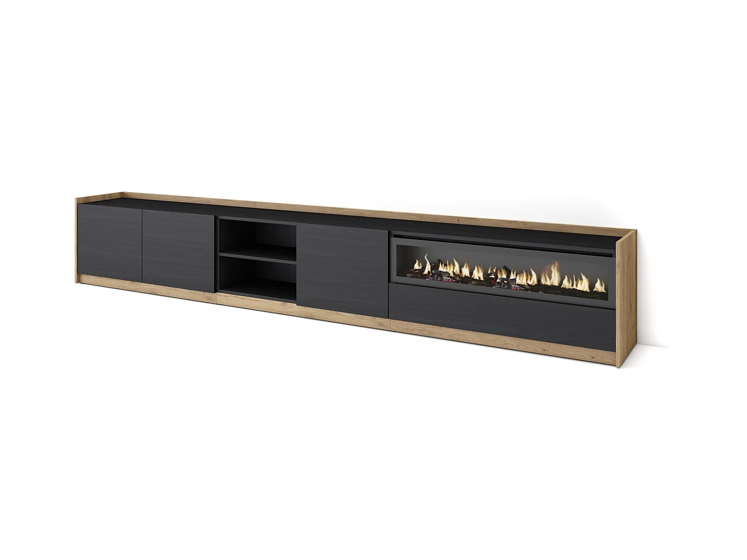Meuble TV | Banc Télé, 310x50x37 cm, Pour les TV jusqu'à 80", Cheminée électrique, Noir et chêne