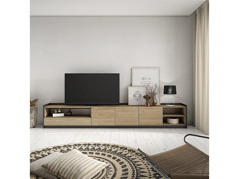 TV-Schrank, Lowboard, 310x50x37 cm, Für TV-Geräte bis zu 80", Fernsehtisch, Eiche Schwarz