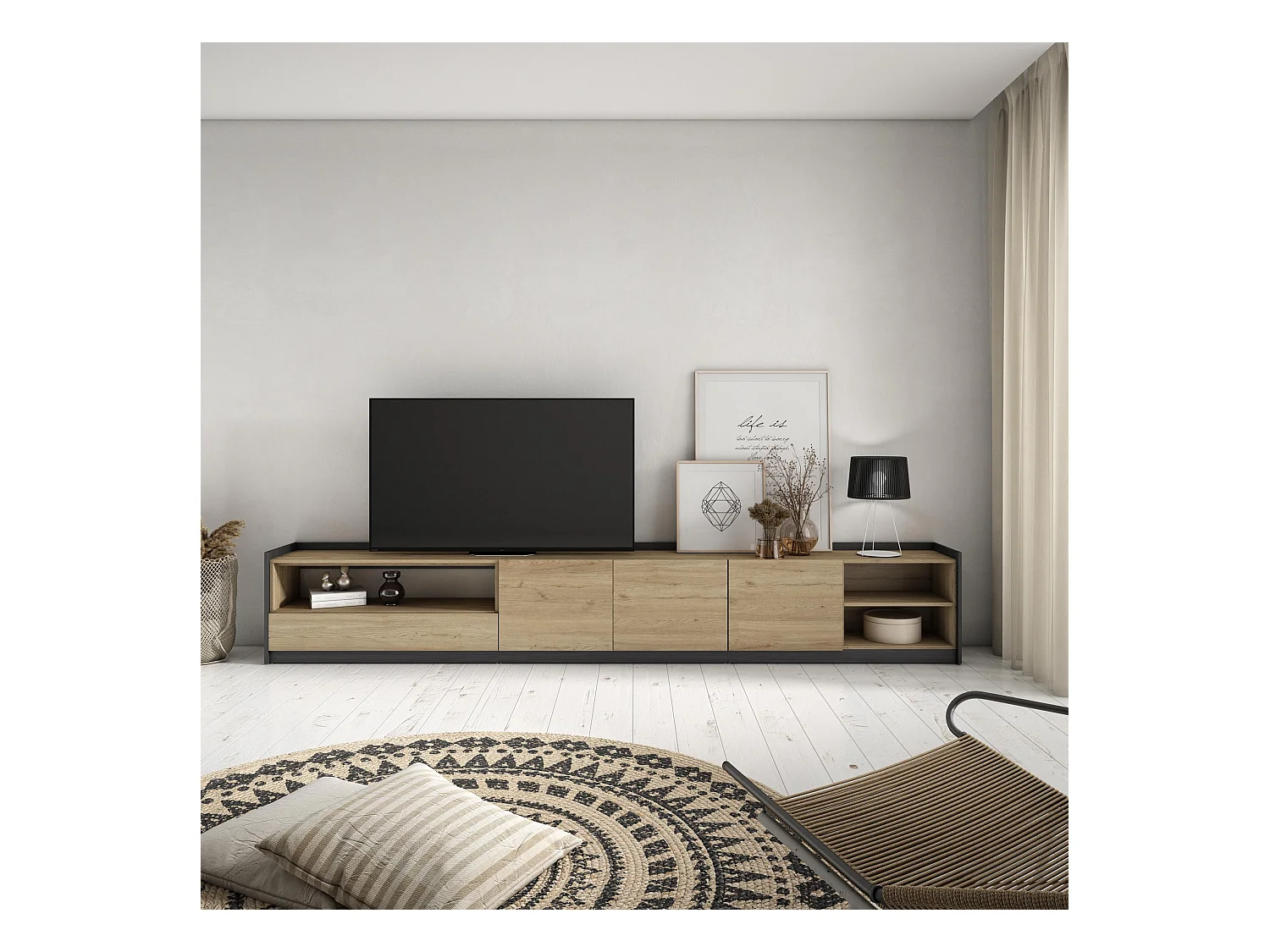 TV-Schrank, Lowboard, 310x50x37 cm, Für TV-Geräte bis zu 80", Fernsehtisch, Eiche Schwarz