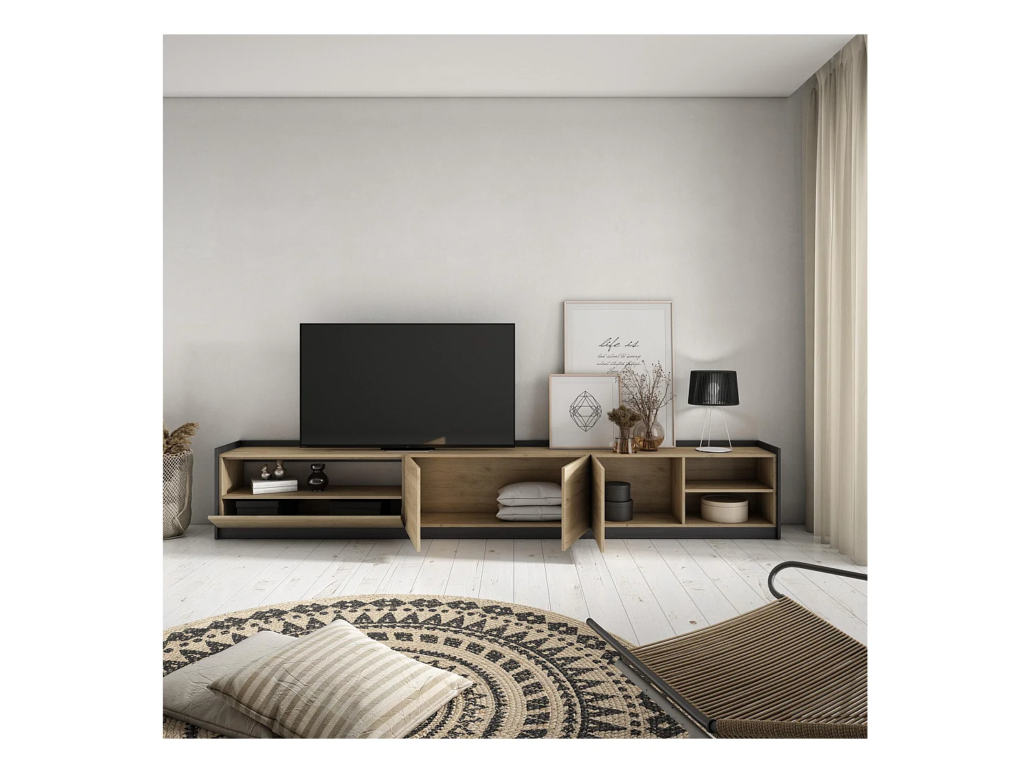 TV-Schrank, Lowboard, 310x50x37 cm, Für TV-Geräte bis zu 80", Fernsehtisch, Eiche Schwarz