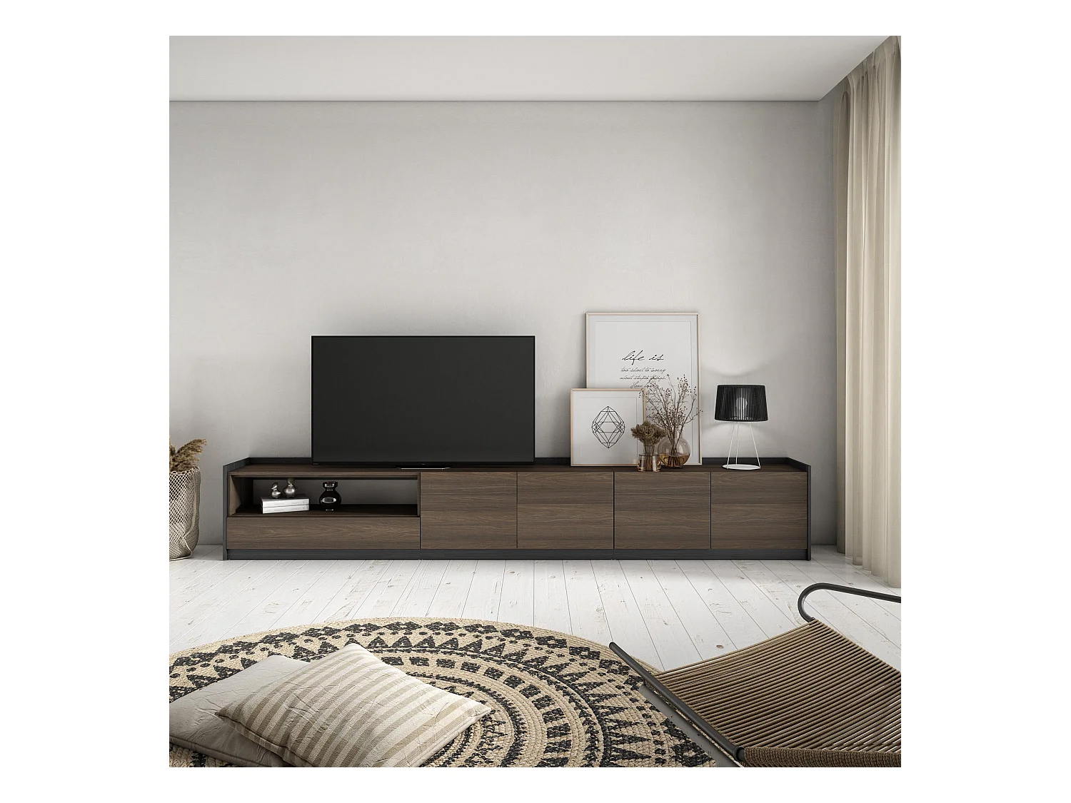 Meuble TV | Banc Télé, 310x50x37 cm, Pour les TV jusqu'à 80", Meubles de salon, Chêne foncé et Noir