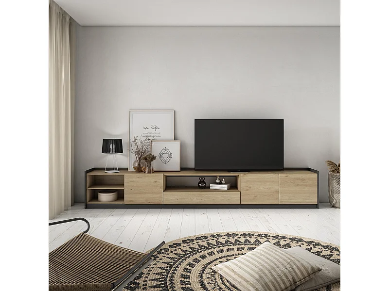 Meuble TV | Banc Télé, 310x50x37 cm, Pour les TV jusqu'à 80", Meubles de salon, Chêne et noir