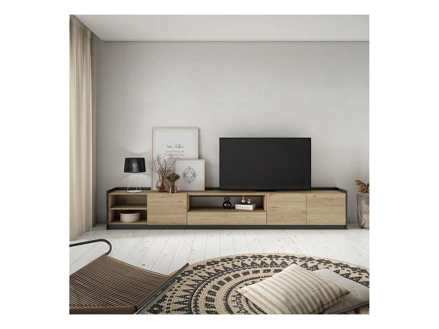 Meuble TV | Banc Télé, 310x50x37 cm, Pour les TV jusqu'à 80", Meubles de salon, Chêne et noir