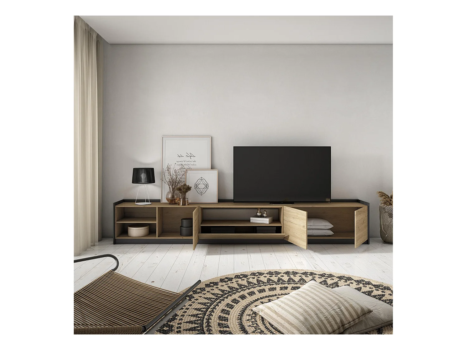 Meuble TV | Banc Télé, 310x50x37 cm, Pour les TV jusqu'à 80", Meubles de salon, Chêne et noir