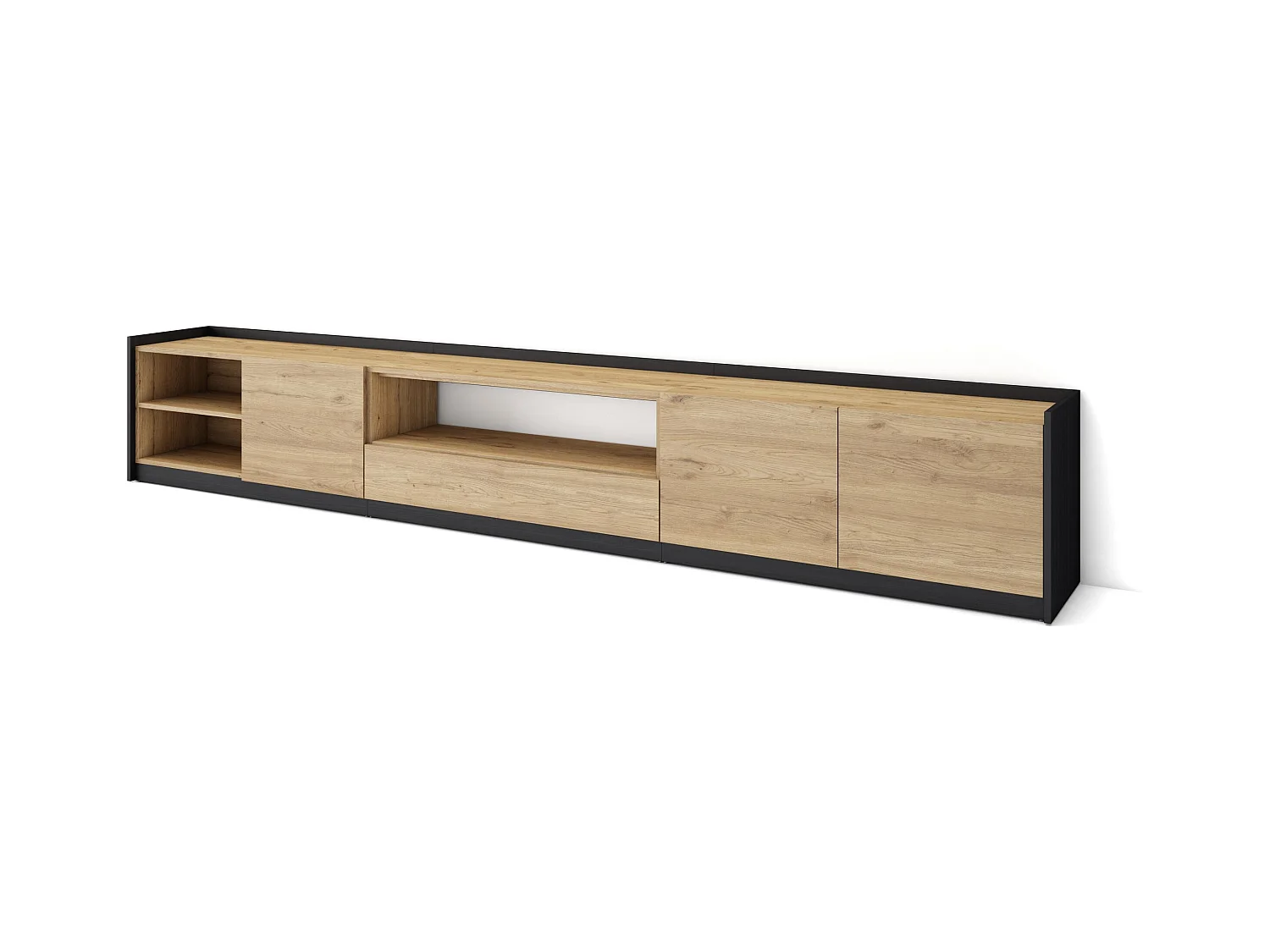 Meuble TV | Banc Télé, 310x50x37 cm, Pour les TV jusqu'à 80", Meubles de salon, Chêne et noir