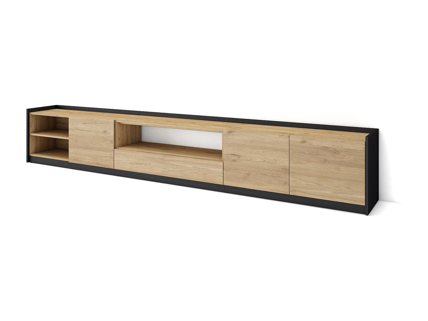 Meuble TV | Banc Télé, 310x50x37 cm, Pour les TV jusqu'à 80", Meubles de salon, Chêne et noir