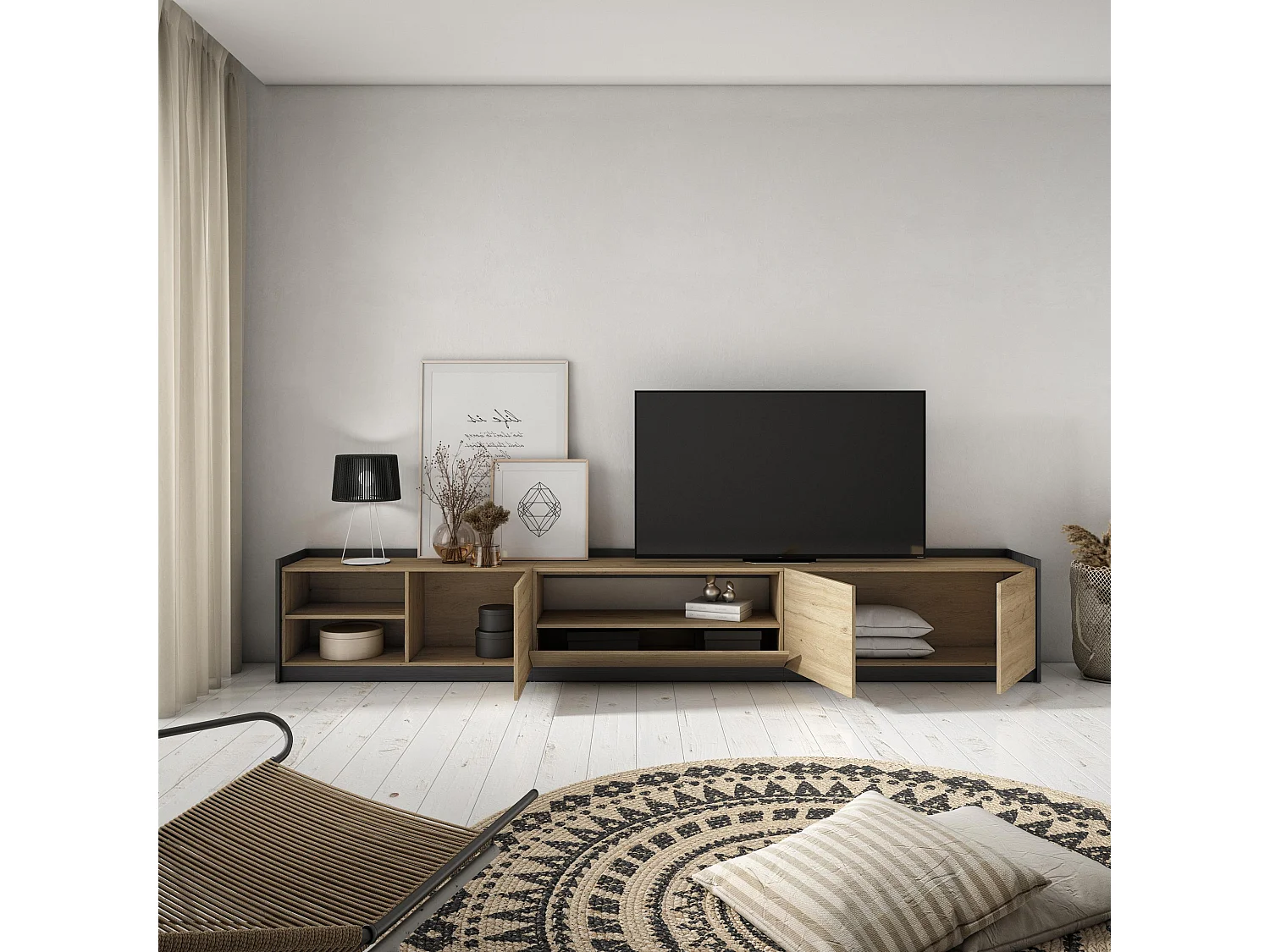 Meuble TV | Banc Télé, 310x50x37 cm, Pour les TV jusqu'à 80", Meubles de salon, Chêne et noir