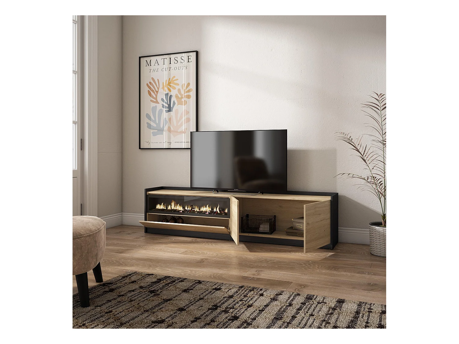 Meuble TV | Banc Télé, 207x50x37 cm, Pour les TV jusqu'à 80", Cheminée électrique, Chêne et noir