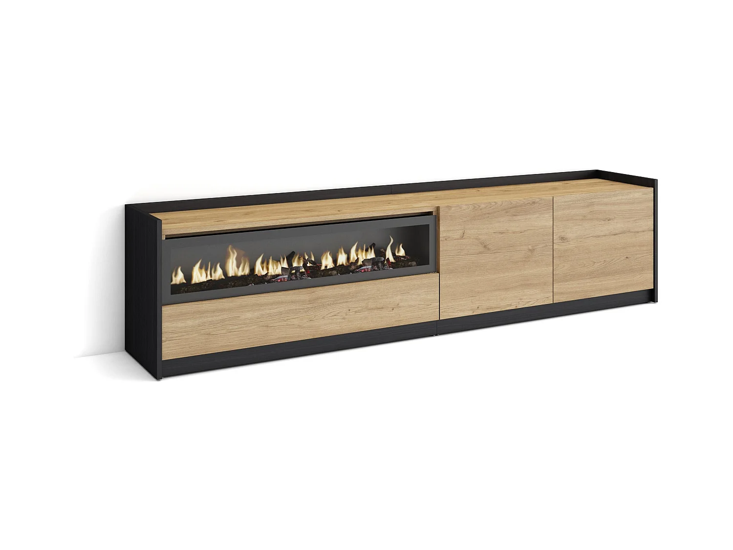 Meuble TV | Banc Télé, 207x50x37 cm, Pour les TV jusqu'à 80", Cheminée électrique, Chêne et noir
