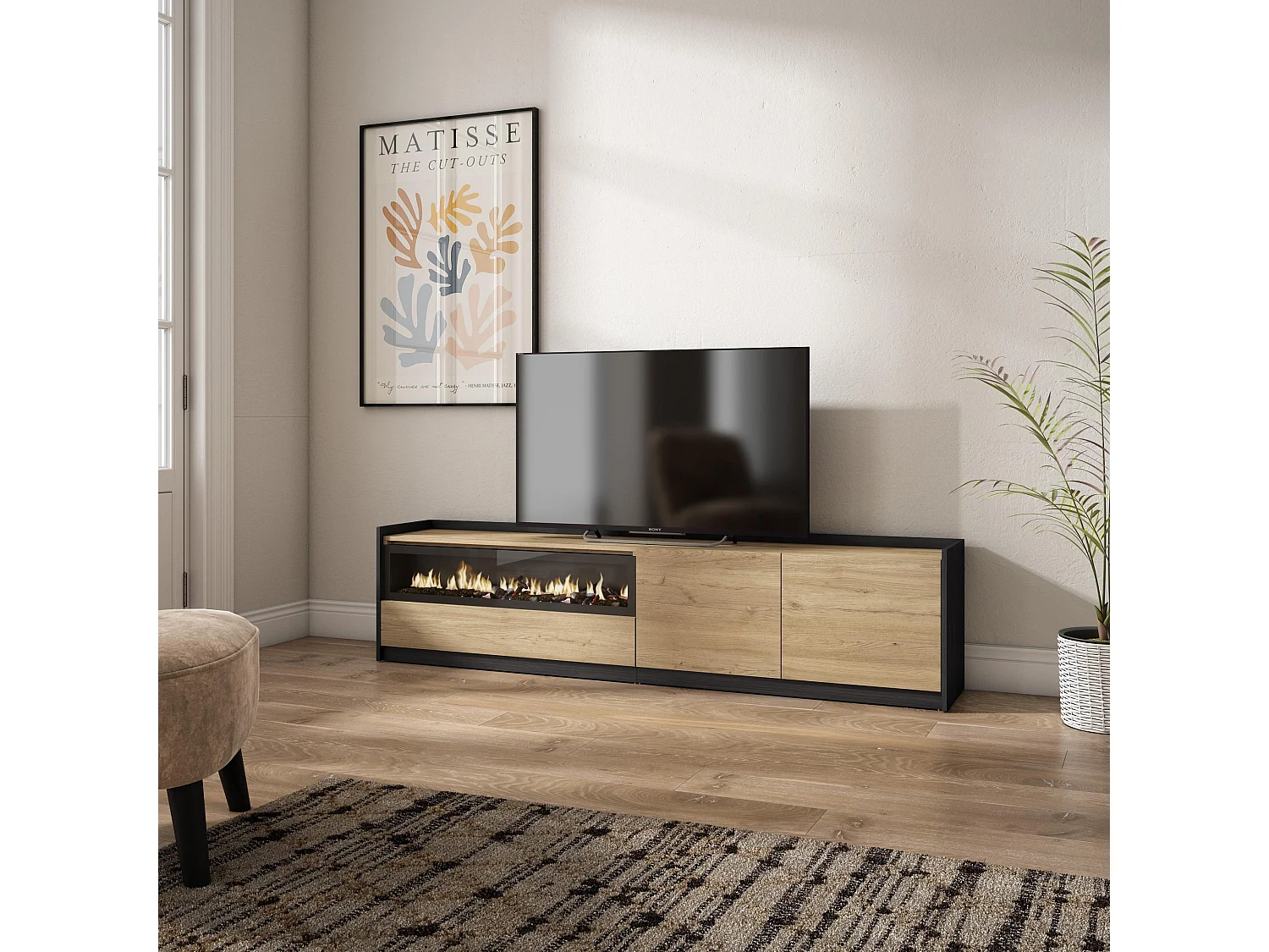 Móvel de TV, 207x50x37 cm, Para televisores até 80", Lareira eléctrica, Carvalho e preto