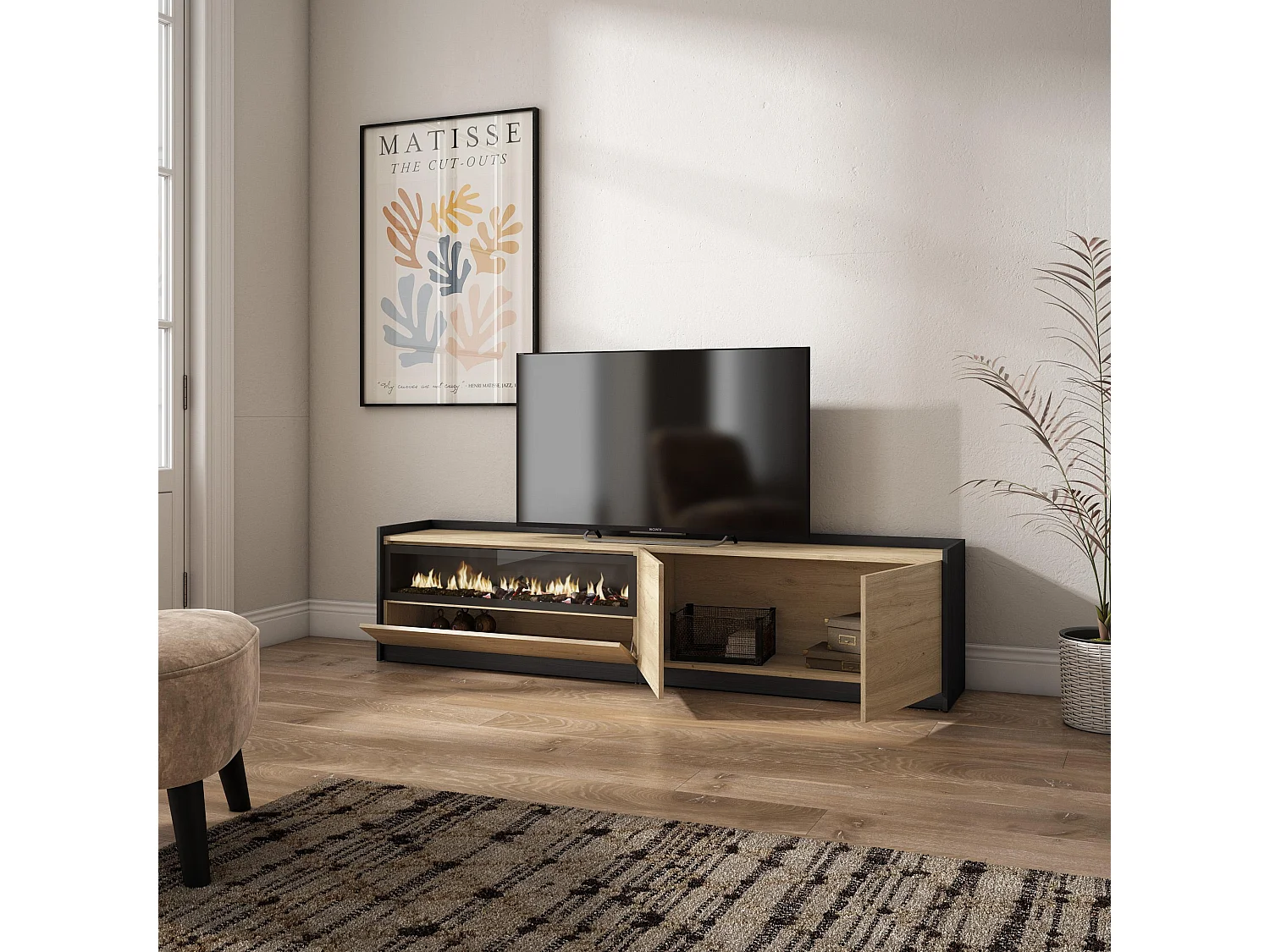 Móvel de TV, 207x50x37 cm, Para televisores até 80", Lareira eléctrica, Carvalho e preto