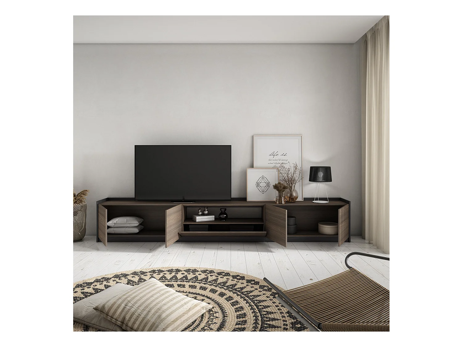 Meuble TV | Banc Télé, 310x50x37 cm, Pour les TV jusqu'à 80", Meubles de salon, Chêne foncé et Noir