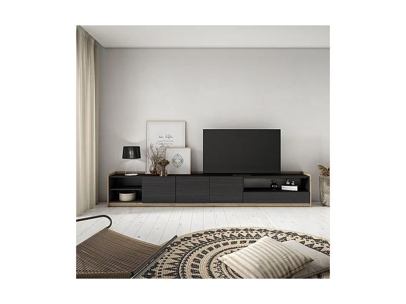 TV-Meubel, Lowboard, 310x50x37 cm, Voor tv's tot 80", TV-Tafel, Zwart/Eiken