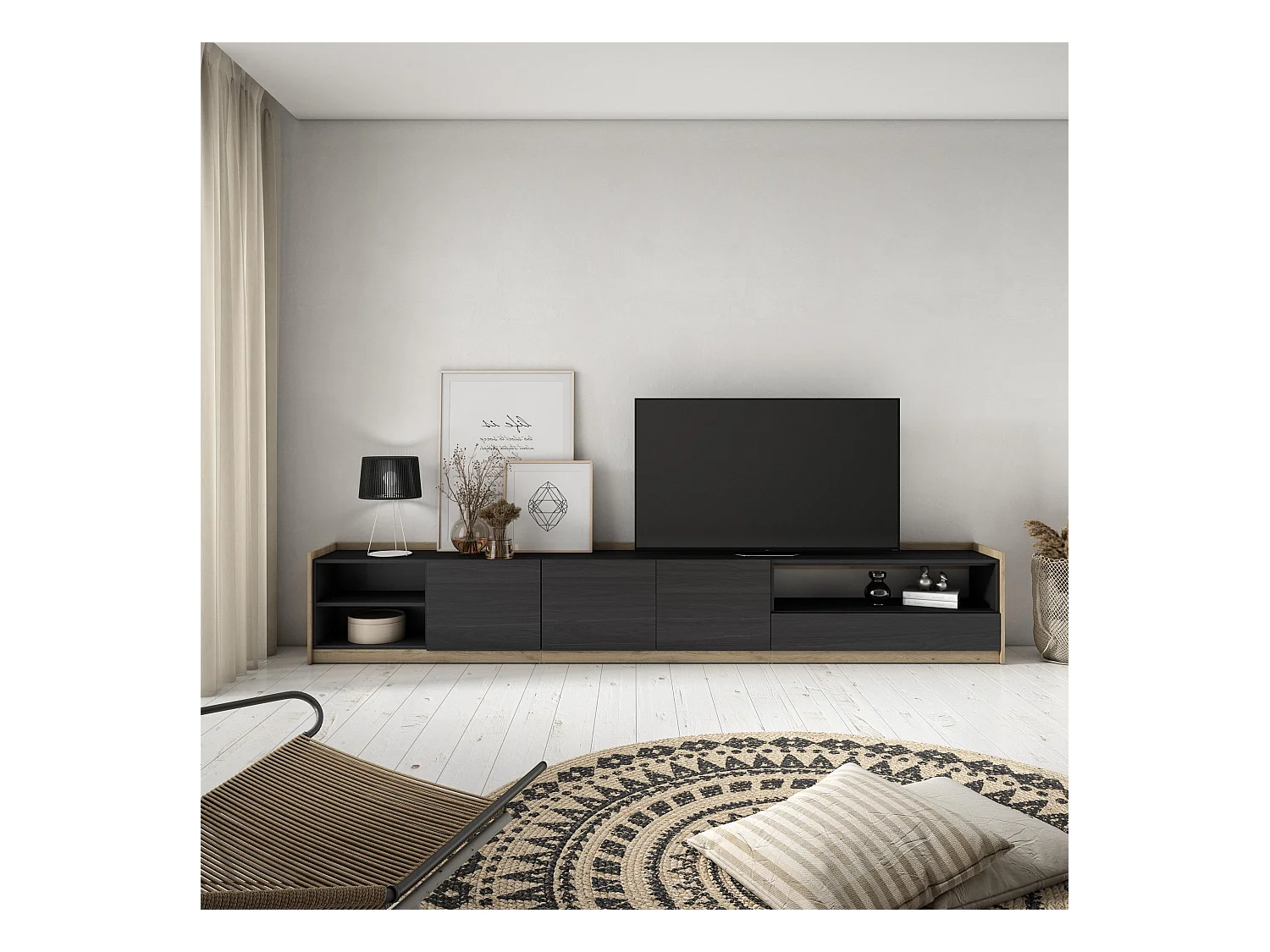 Meuble TV | Banc Télé, 310x50x37 cm, Pour les TV jusqu'à 80", Meubles de salon, Noir et chêne