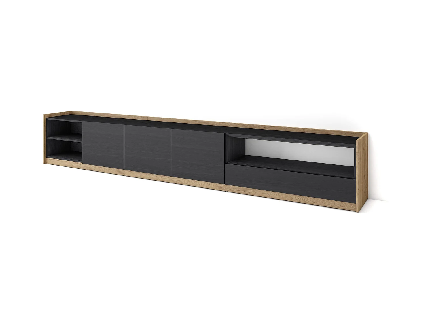 Meuble TV | Banc Télé, 310x50x37 cm, Pour les TV jusqu'à 80", Meubles de salon, Noir et chêne