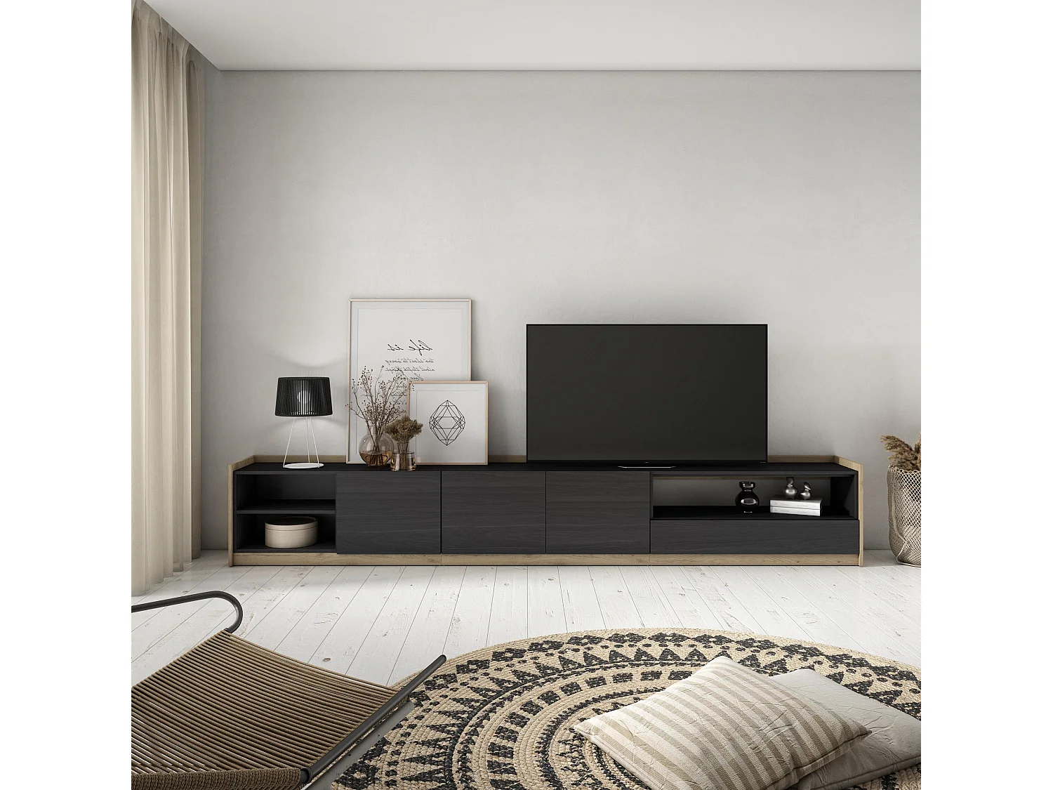 Meuble TV | Banc Télé, 310x50x37 cm, Pour les TV jusqu'à 80", Meubles de salon, Noir et chêne