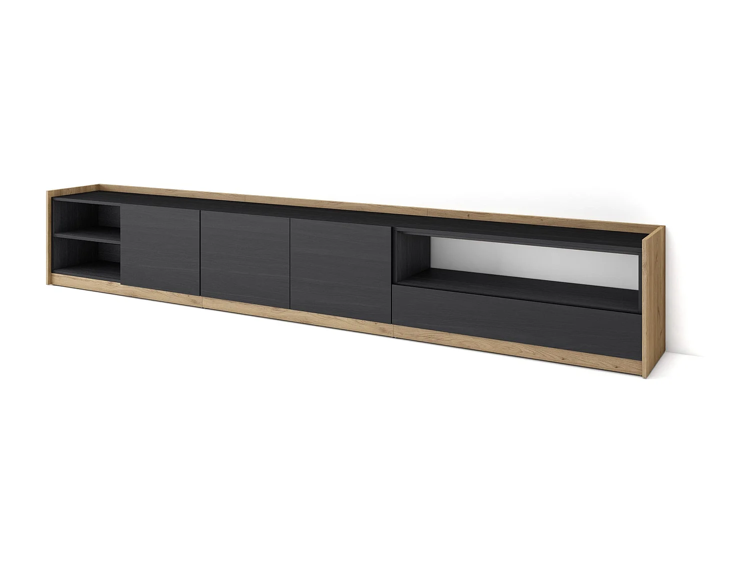 Meuble TV | Banc Télé, 310x50x37 cm, Pour les TV jusqu'à 80", Meubles de salon, Noir et chêne