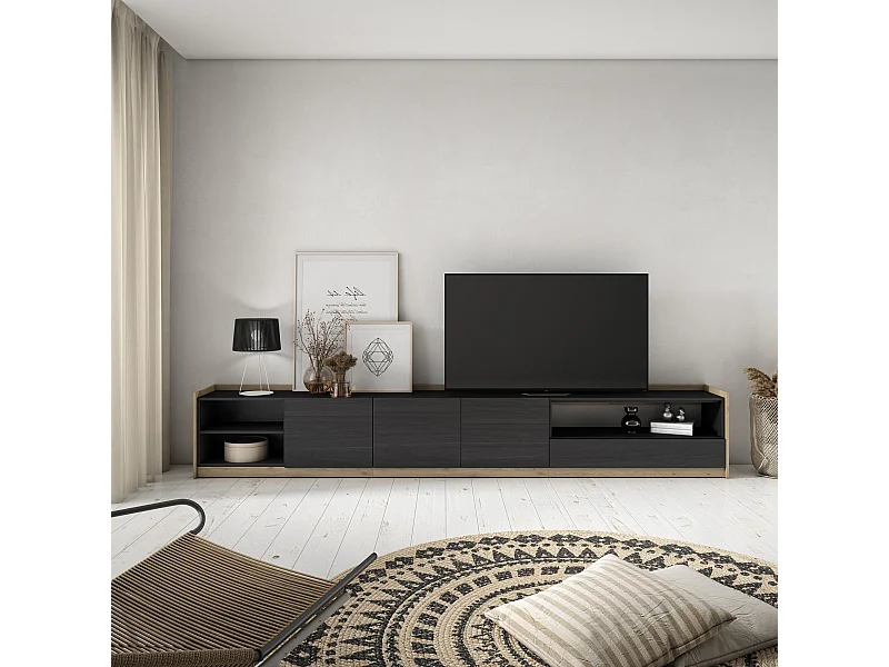 Meuble TV | Banc Télé, 310x50x37 cm, Pour les TV jusqu'à 80", Meubles de salon, Noir et chêne