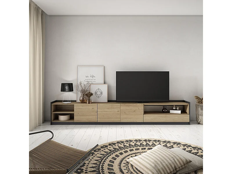 Móvel de TV, 310x50x37 cm, Para televisores até 80", Estante para TV, Carvalho e preto