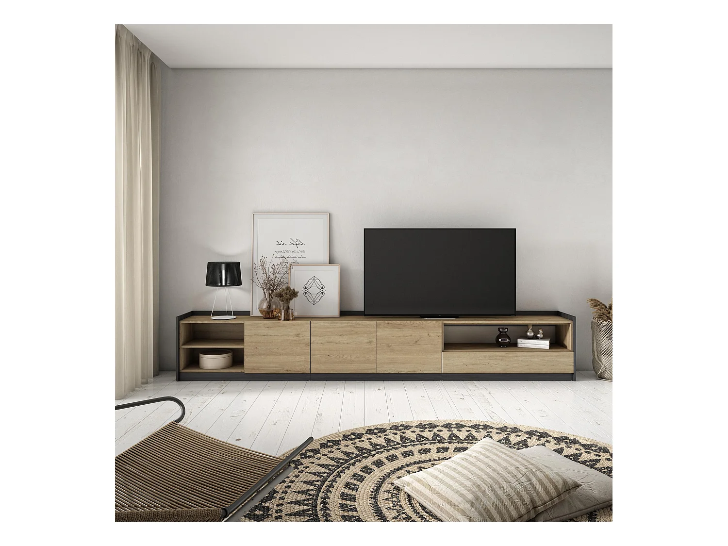 Móvel de TV, 310x50x37 cm, Para televisores até 80", Estante para TV, Carvalho e preto