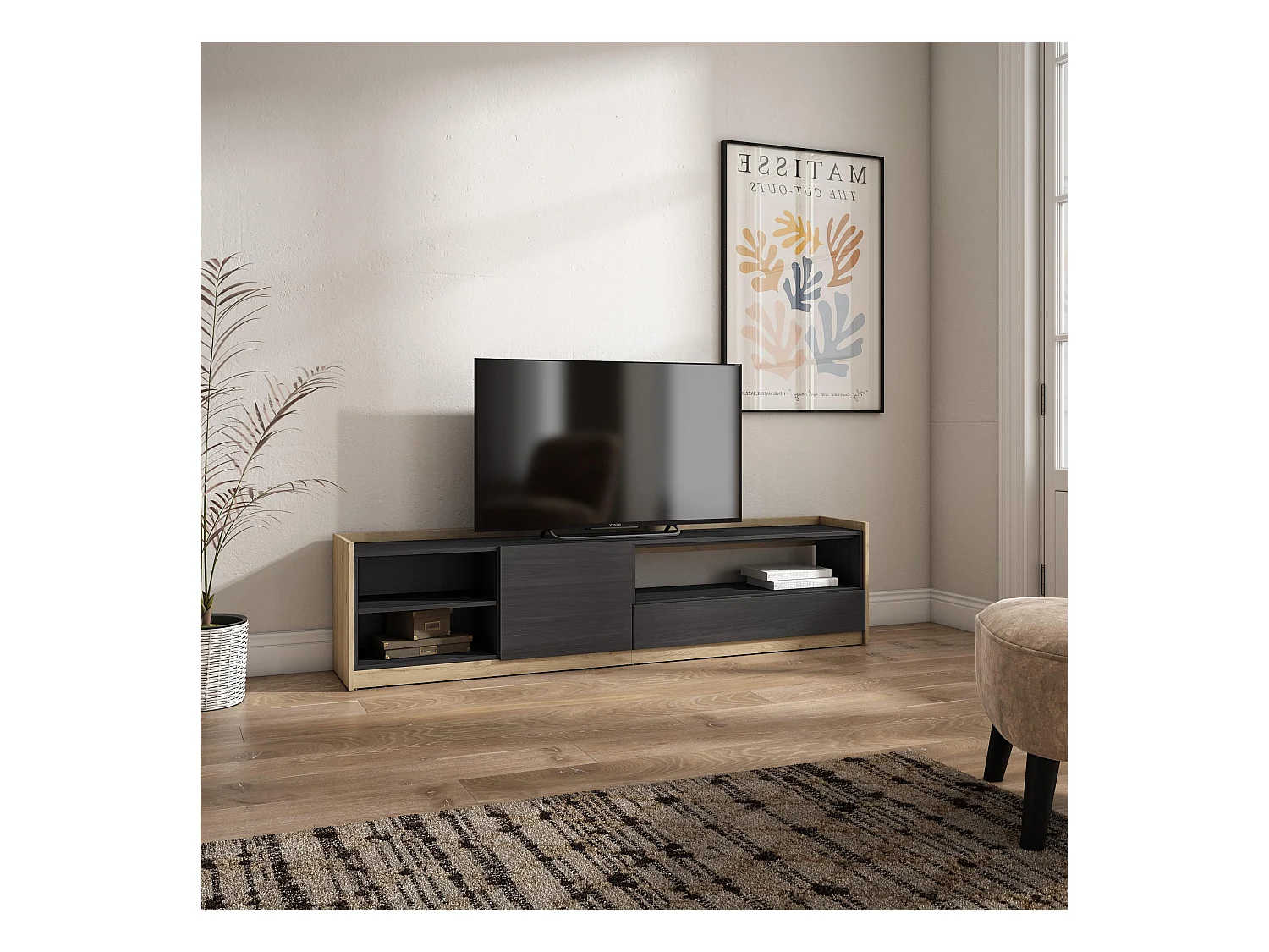 Meuble TV | Banc Télé, 207x50x37 cm, Pour les TV jusqu'à 80", Meubles de salon, Noir et chêne
