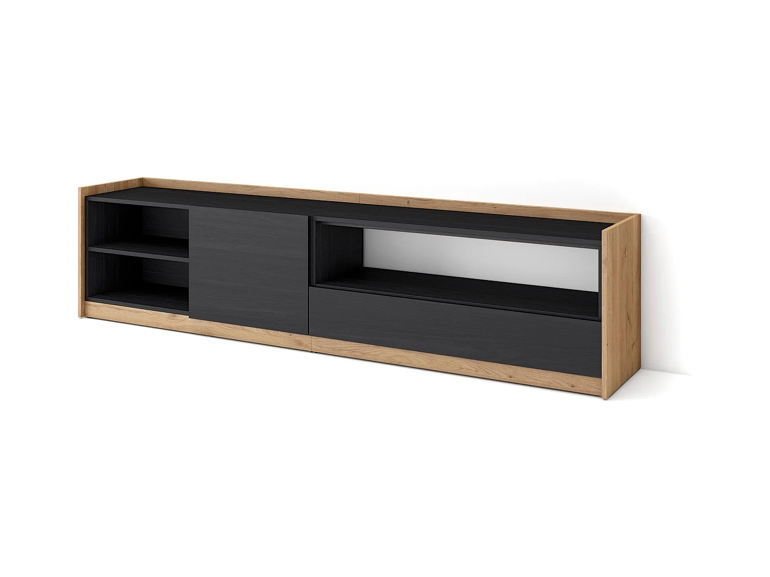 Meuble TV | Banc Télé, 207x50x37 cm, Pour les TV jusqu'à 80", Meubles de salon, Noir et chêne