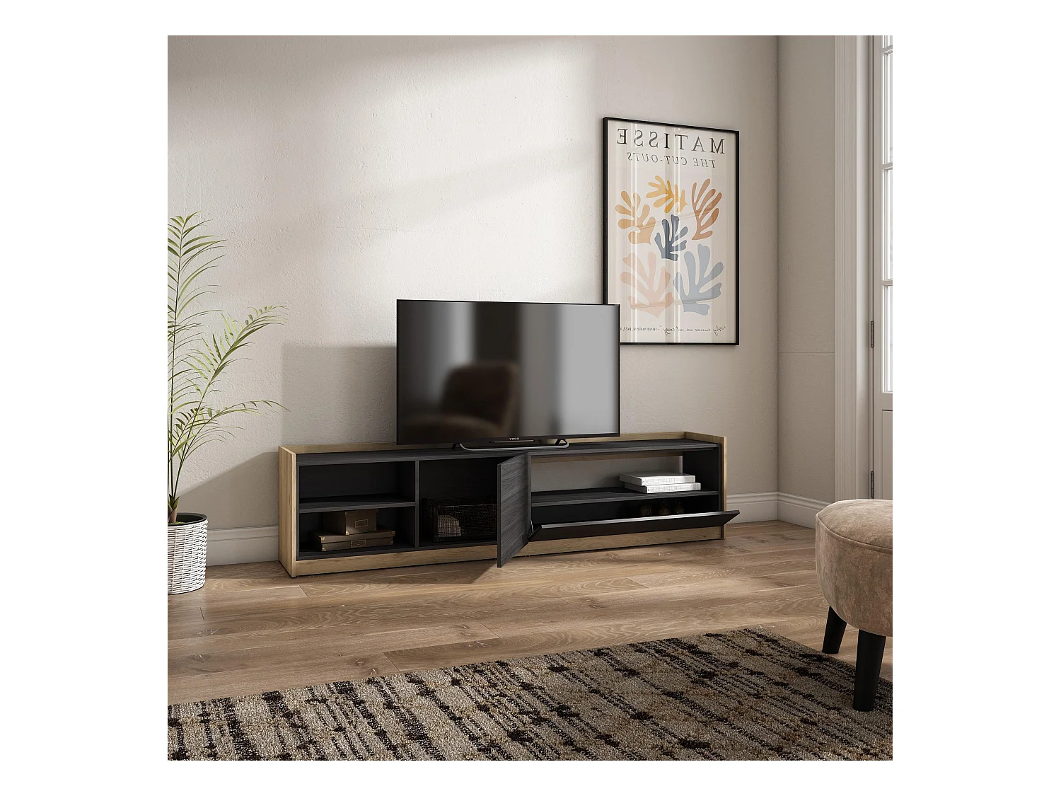 Meuble TV | Banc Télé, 207x50x37 cm, Pour les TV jusqu'à 80", Meubles de salon, Noir et chêne