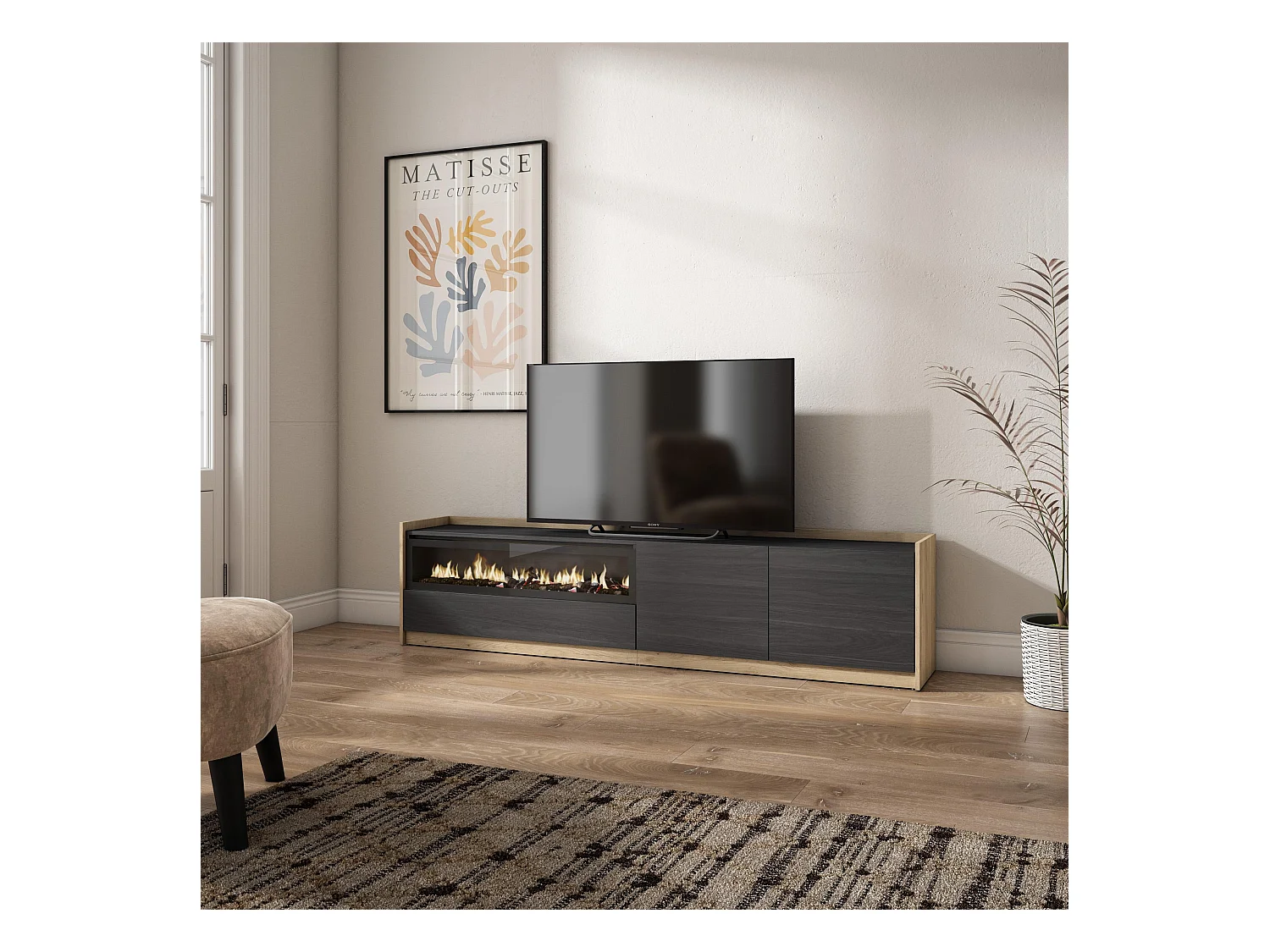 Meuble TV | Banc Télé, 207x50x37 cm, Pour les TV jusqu'à 80", Cheminée électrique, Noir et chêne